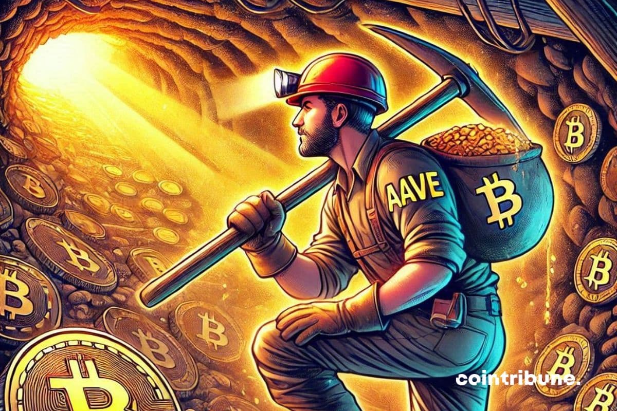 Un mineur Aave dans une mine de bitcoin, récoltant des pièces de BTC