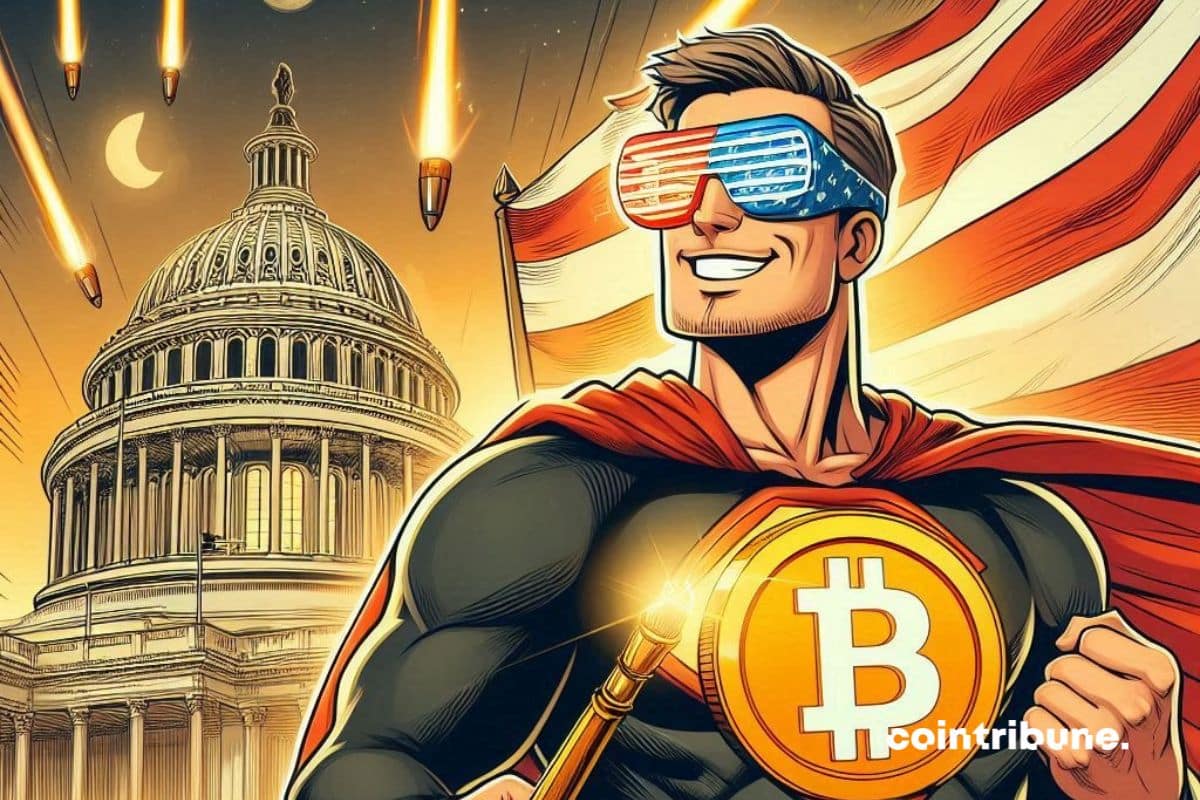 Un super héros crypto avec le symbole du Bitcoin devant le capitol aux États-Unis