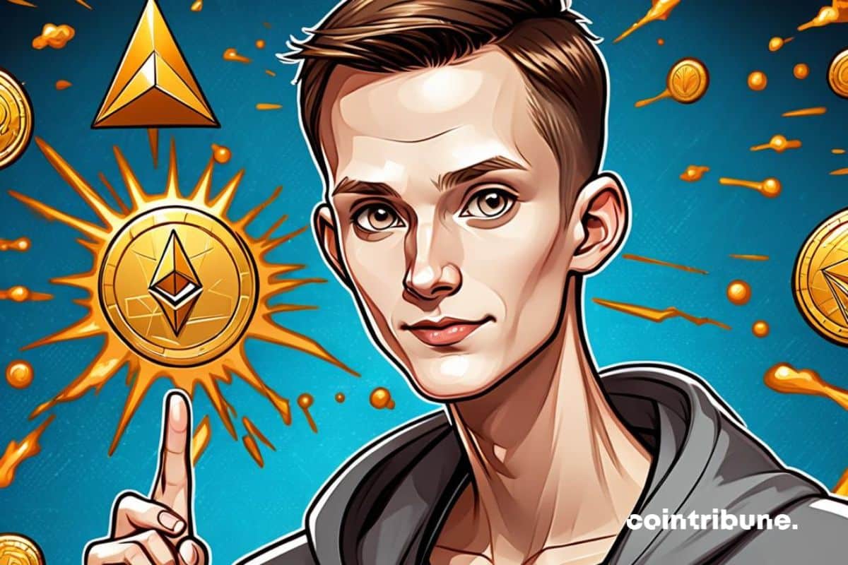 Le co-fondateur d’Ethereum Vitalik Buterin avec une pièce de ETH qui scintille