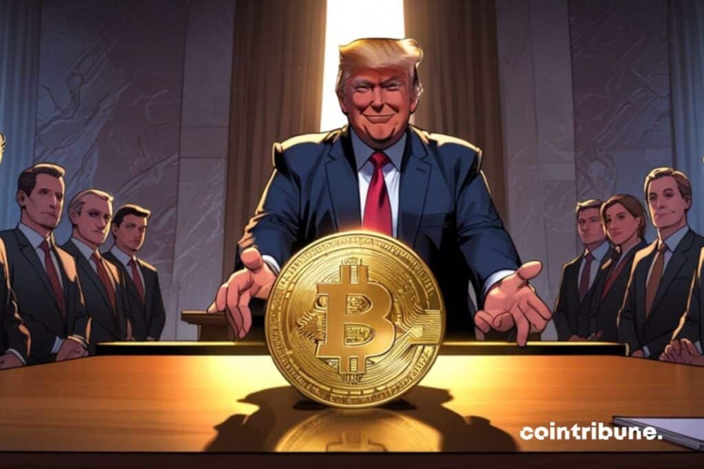 Donald Trump assis dans un bureau avec son administration avec une pièce de la crypto bitcoin sur la table