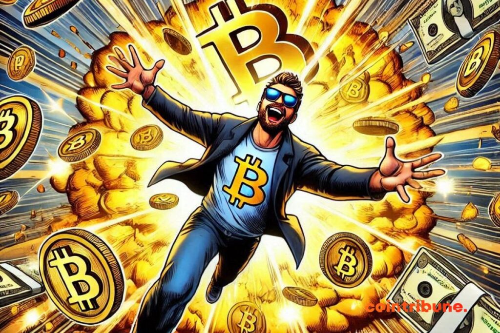 A trader rejoices over a bitcoin explosion