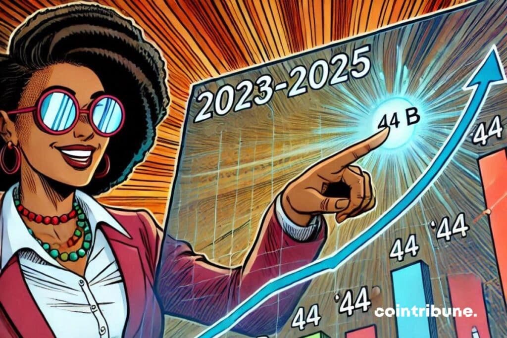 Une Ligne du Temps 2023-2025 avec un graphique vivant montrant une ascension rapide de l’USDC. Une analyste crypto pointant un écran avec un sourire, la ligne ascendante culminant à 44 milliards.