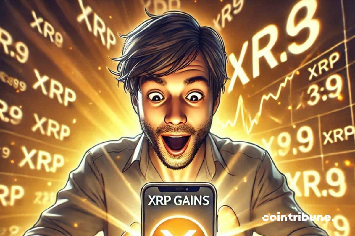 Smartphone dans les mains d’un investisseur crypto montrant une explosion de gains XRP.