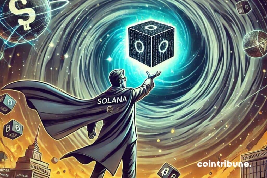 Un escenario abstracto con cadenas de bloques Solana flotando en el aire. Un desarrollador de cripto sostiene un cubo brillante.