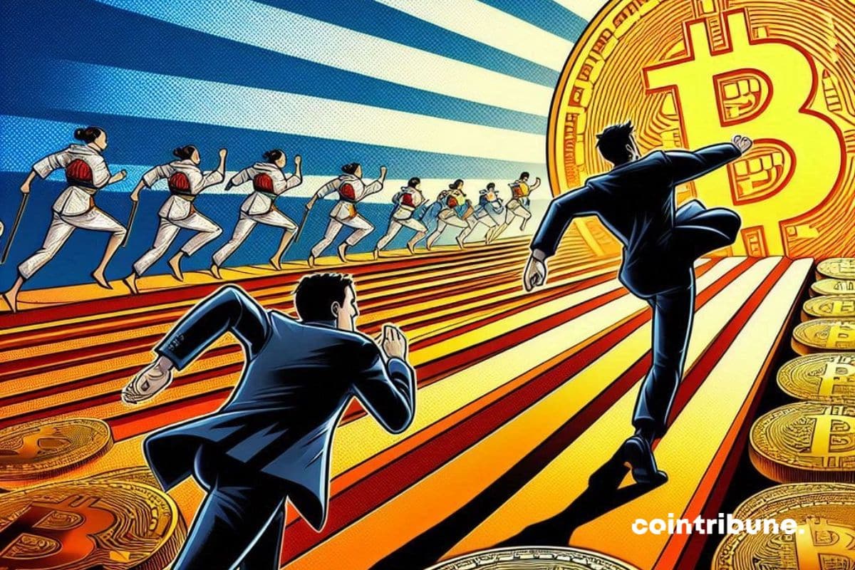 Race for bitcoin: two corporate silhouettes, one representing Metaplanet and the other MicroStrategy