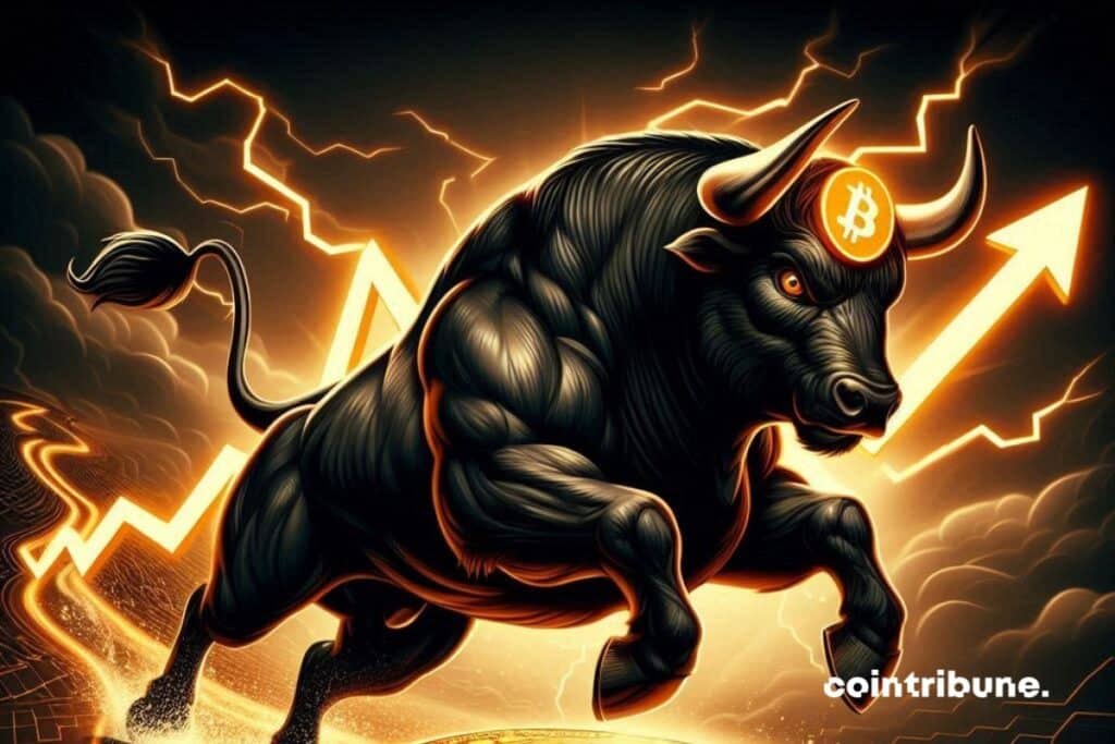 A massive bull in full charge with a bitcoin coin on its forehead