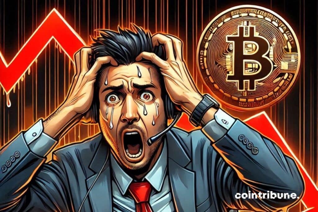 Trader in panic, bitcoin chart in plunging red arrow.