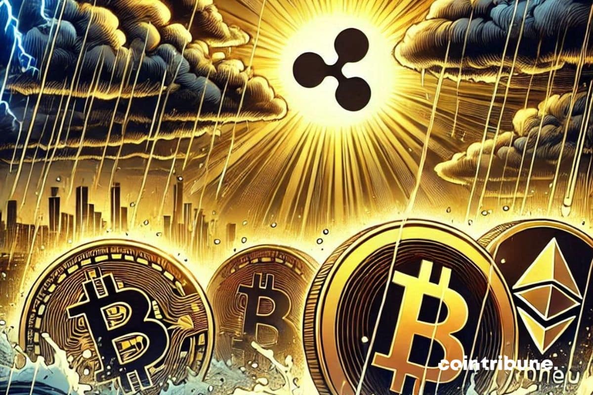 Volatilidad criptográfica en un mercado tormentoso, Ripple brillando como el sol entre las nubes, Bitcoin y Ethereum golpeados por la lluvia o el viento.