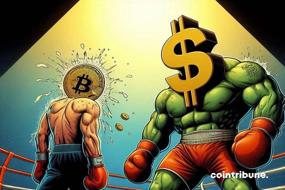 Combate de boxeo entre Bitcoin y el enorme y triunfante dólar.