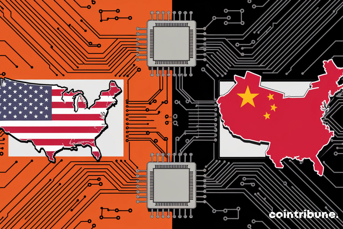 Illustration of the technological and economic rivalry between China and the United States. We see the maps of both USA and China. Draw a few big processors chips connected in between them. Both maps looks like computer circuit boards. The colors of the countries must be of their respective flags. The background is orange and black and also look like a circuit board with circuits going in all directions maps of both USA and China. Draw a few big processors chips connected in between them. Both maps looks like computer circuit boards. The colors of the countries must be of their respective flags. The background is orange and black and also look like a circuit board with circuits going in all directions