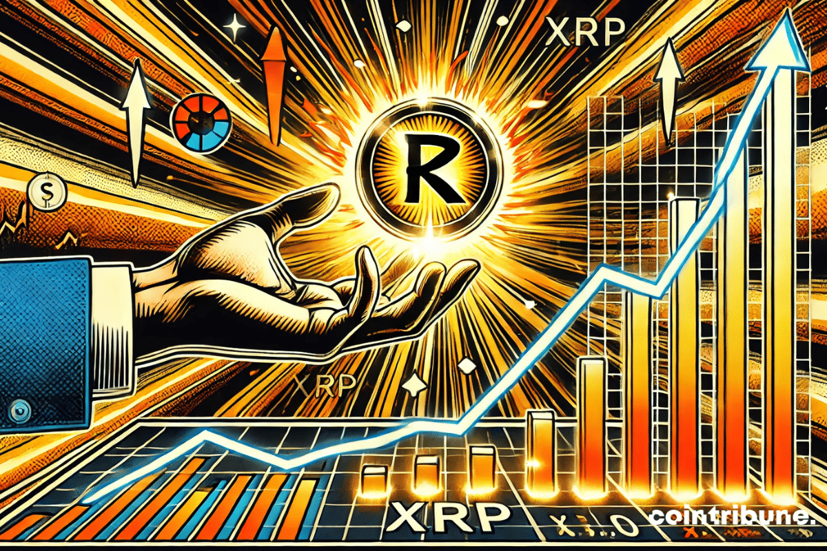 Una mano extendida muestra un token XRP brillante en el centro, rodeado de gráficos ascendentes y flechas que simbolizan el aumento de precios. La imagen refleja una dinámica positiva y un fuerte progreso en los valores de Ripple.