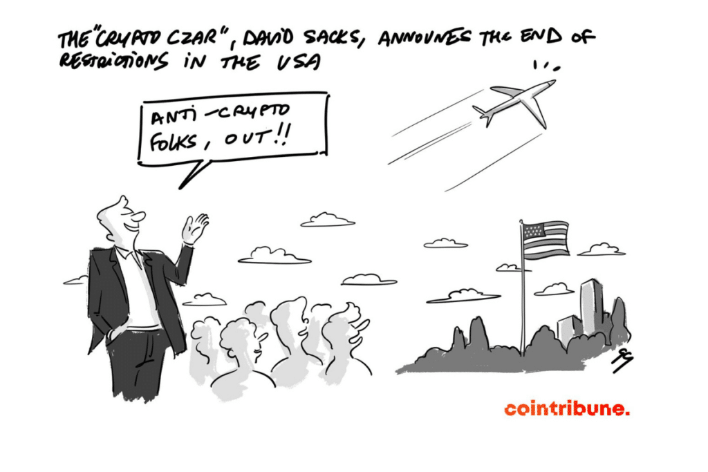 A man, identified as the “Crypto Czar” David Sacks, addresses a cheering crowd while an airplane flies away in the sky. A speech bubble reads “Anti-cryptos folks, out!!”.