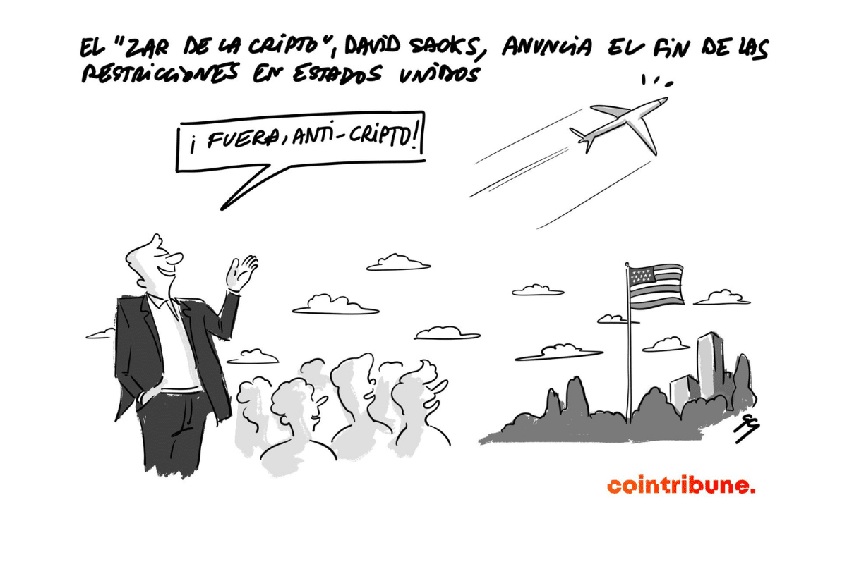 Un hombre, identificado como el «Zar de las Criptomonedas» David Sacks, se dirige a una multitud entusiasta mientras un avión despega en el cielo. Un bocadillo dice «¡Fuera, anti-criptos!»,