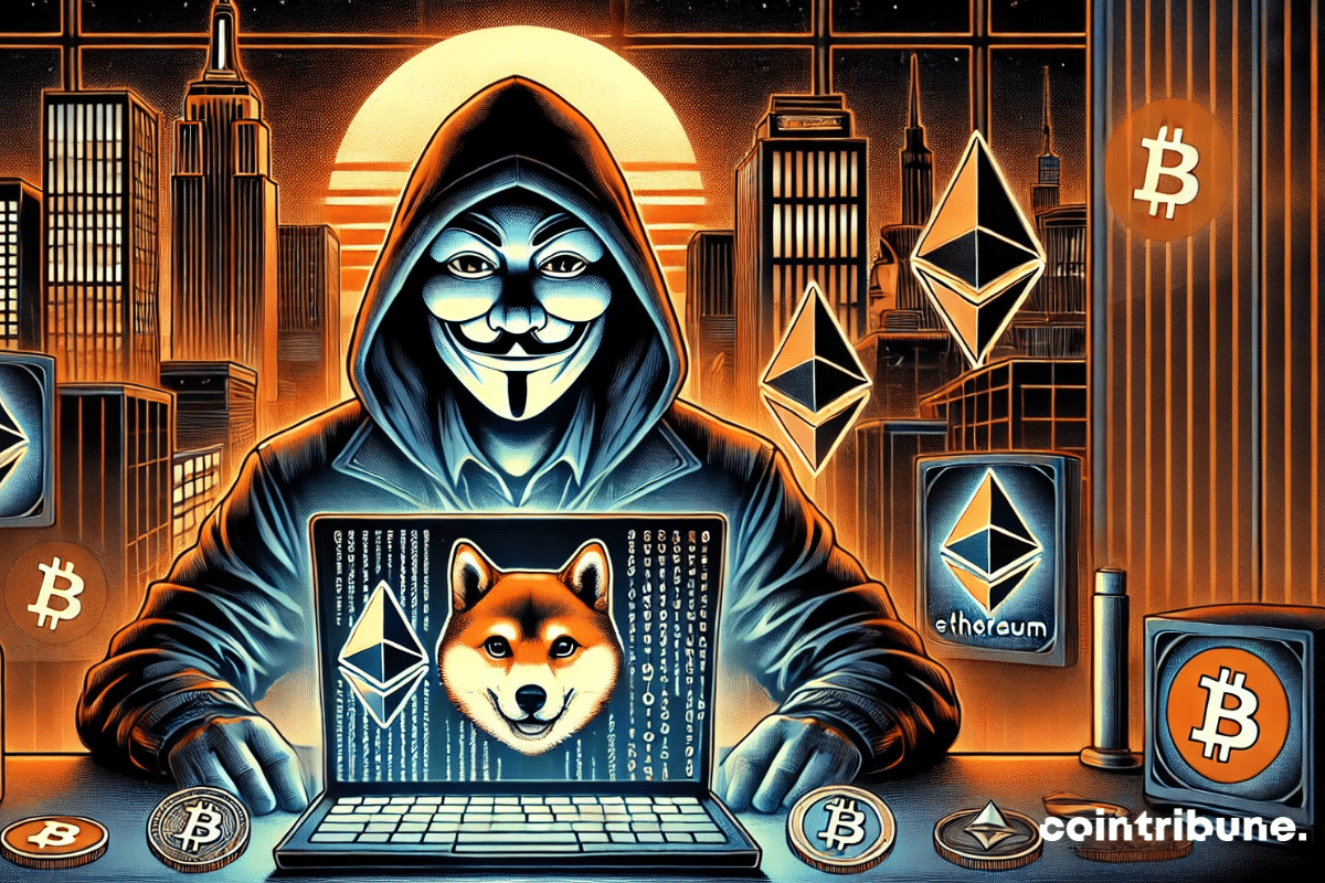 Anonymous presenta una pantalla adornada con logotipos de criptomonedas