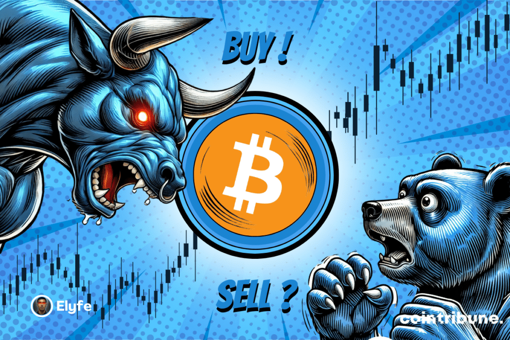 ETH logo blue or red background with a bear and a blue bull with expressive eyes on either side. A graphic appears in the background.