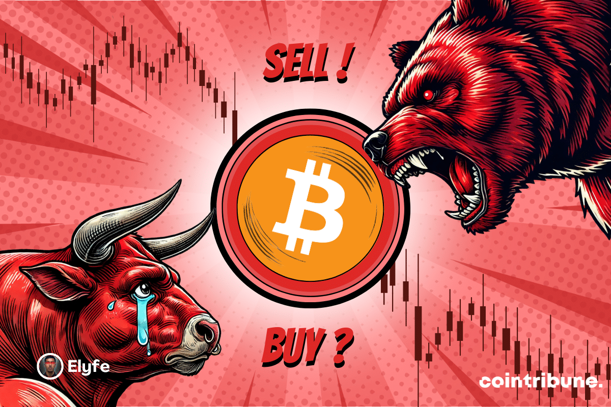 Logo bitcoin fond bleu ou rouge avec de parts et d’autres un ours et un taureau bleu au regard expressif. En fond, un graphique apparaît.