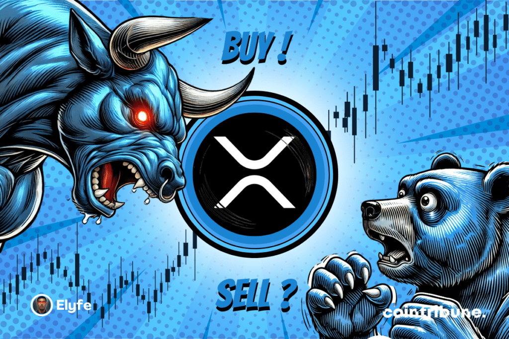 XRP logo blue or red background with parts and other bear and blue bull with expressive look. A graph is displayed in the background.