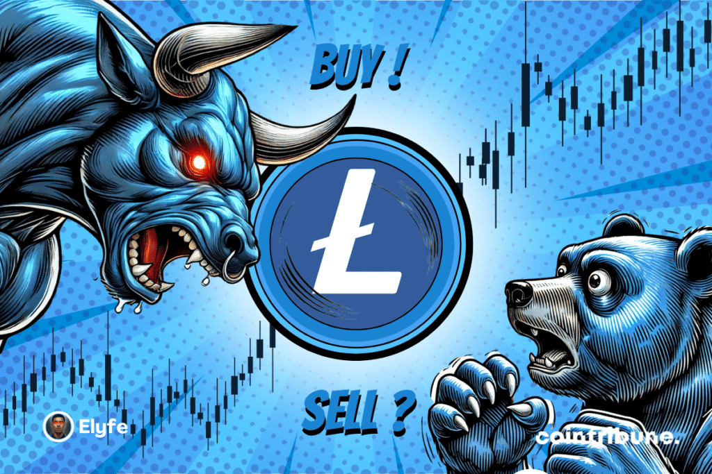 LTC logo blue or red with parts and other bear and blue bull with expressive look. A graph is displayed in the background.