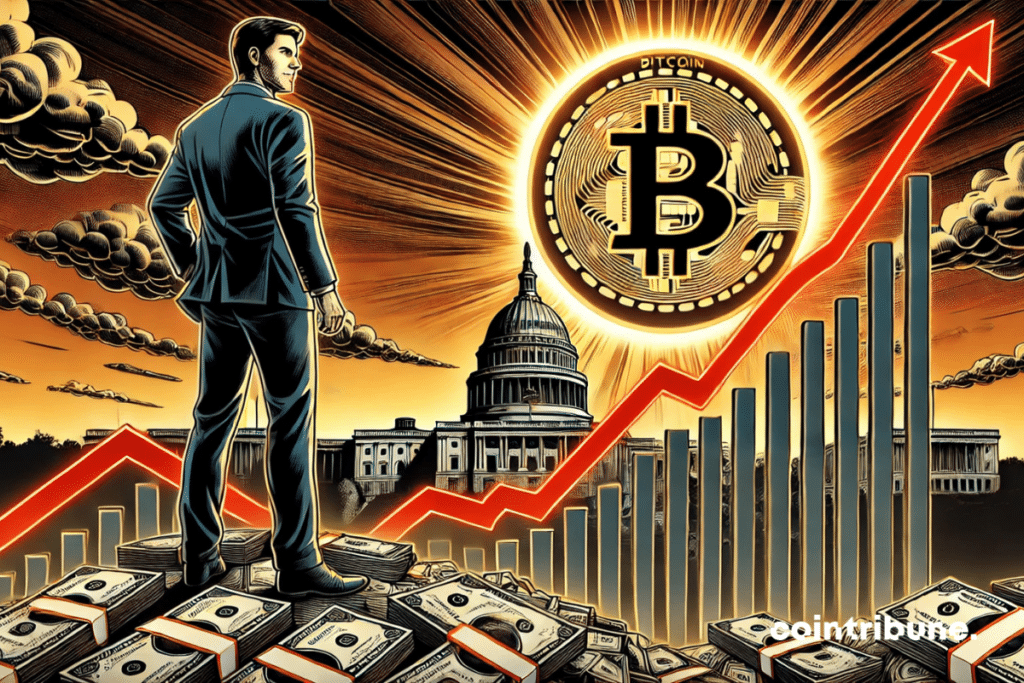 A financial analyst, standing on a mountain of dollars, stares at a huge glowing Bitcoin while a dramatic graph shows the dizzying rise of US debt.