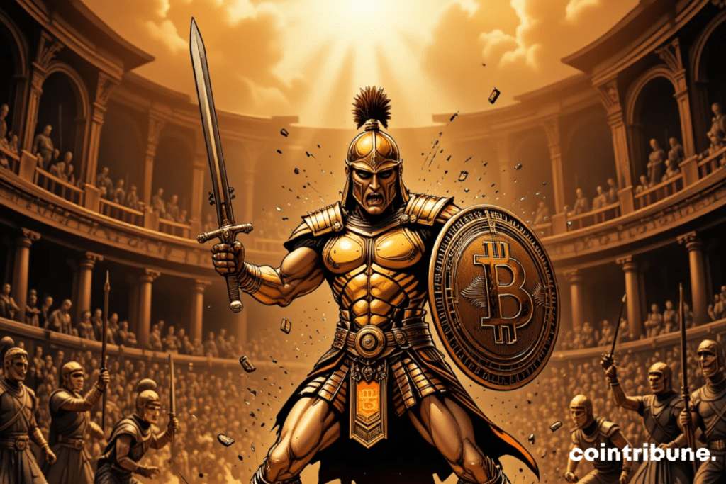 Gladiador con armadura de bitcoin rodeado de adversarios derrotados