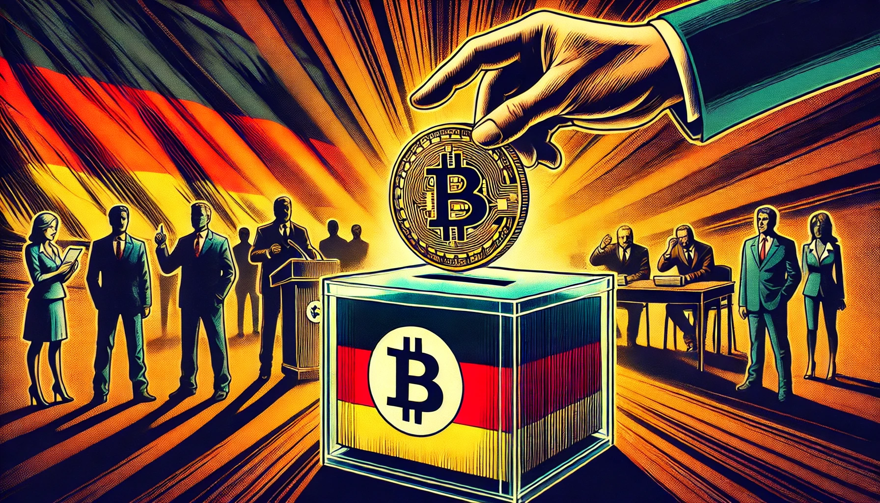 Un enorme Bitcoin cae en una urna electoral con los colores de Alemania, y una mano misteriosa lo deposita. De fondo, las siluetas de políticos debatiendo aumentan la tensión.