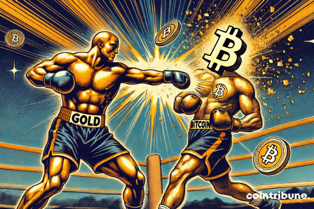 Gold boxer and bitcoin boxer in the ring