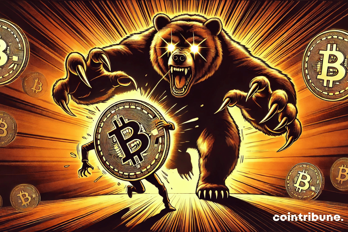 Un oso persigue a un antropomorfo de bitcoin