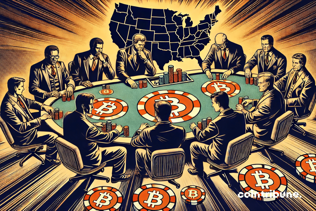 Une grande table avec 12 hommes symbolisant les États. Ils misent d’énormes jetons en forme de Bitcoin.