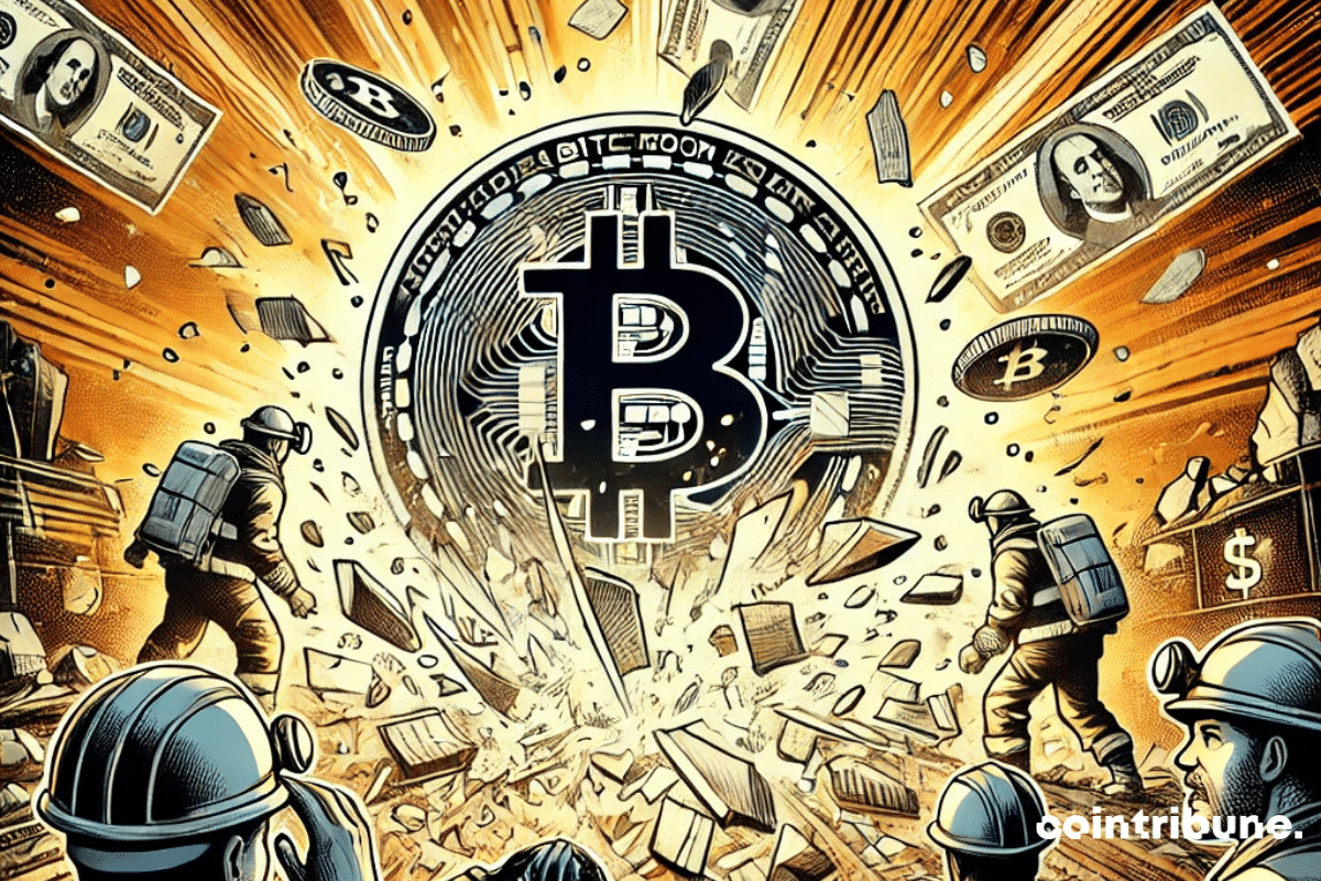 La imagen muestra un gigantesco Bitcoin hecho pedazos.