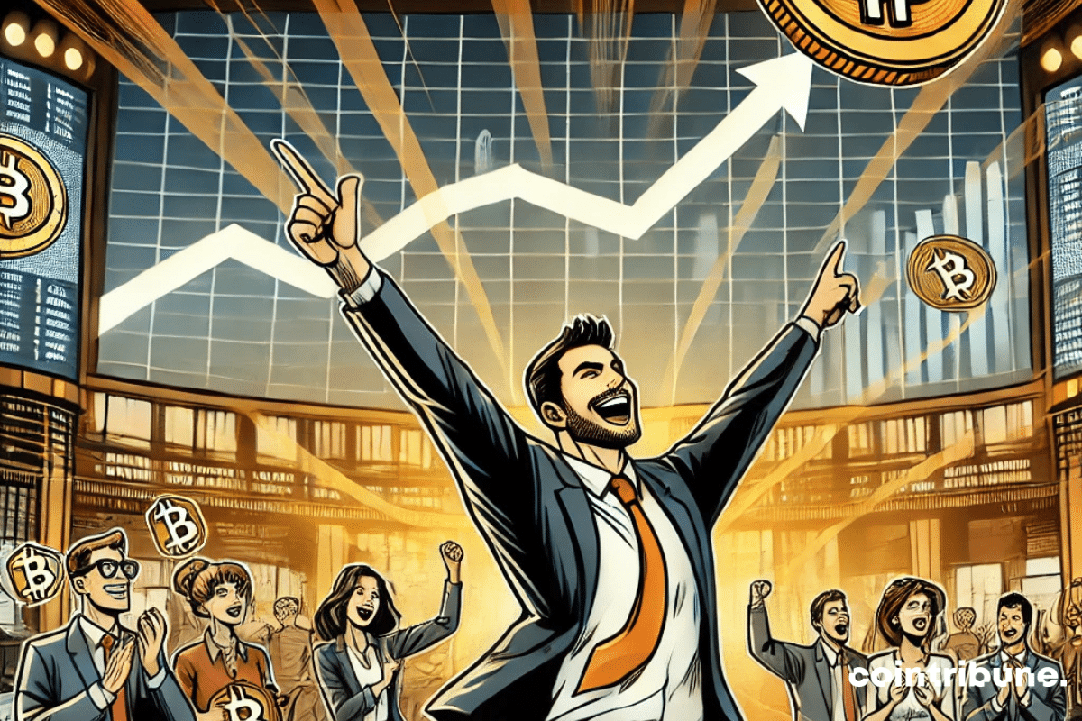 La ilustración representa una escena electrizante donde traders e inversores celebran triunfalmente el ascenso fulgurante de Bitcoin.