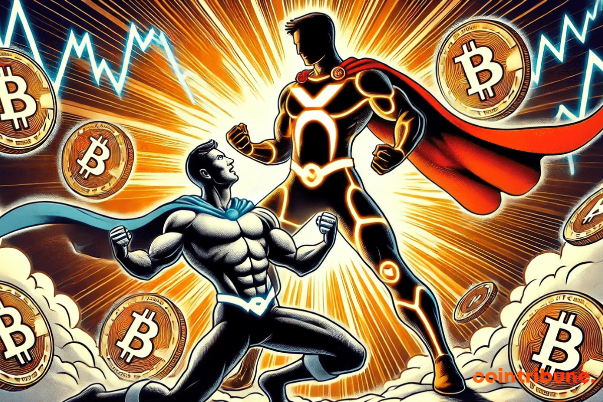 Un combate entre Bitcoin y XRP, representados como superhéroes.