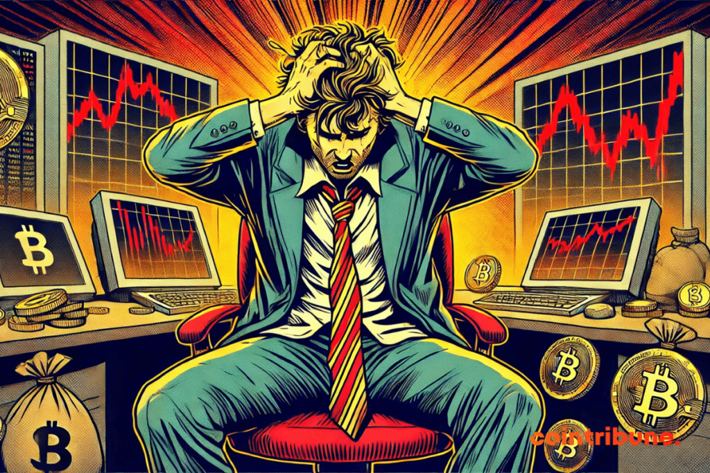 Panic of a trader face to face the collapse of bitcoin