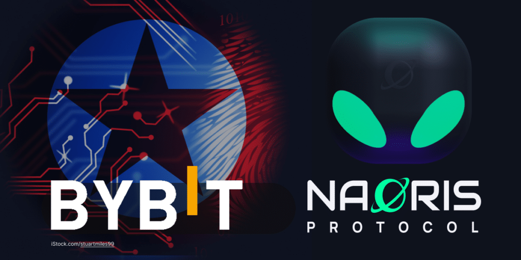 A visual featuring Bybit and Naoris Protocol logos, digital elements, and a star in the background, symbolizing a major cyberattack in the Web3 ecosystem.