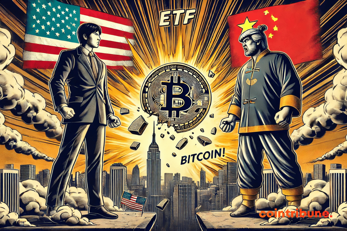 Affrontement de géants américain et chinois devant une scène de désolation des ETF Bitcoin