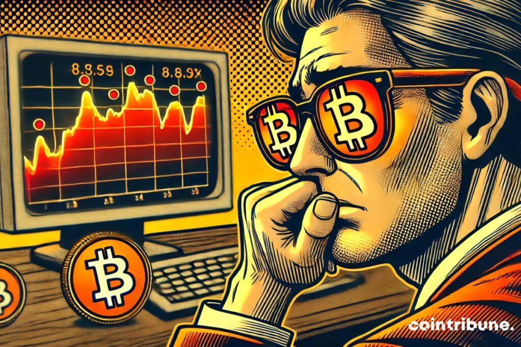 Un investisseur bitcoin inquiet devant un écran affichant des sorties massives de BTC