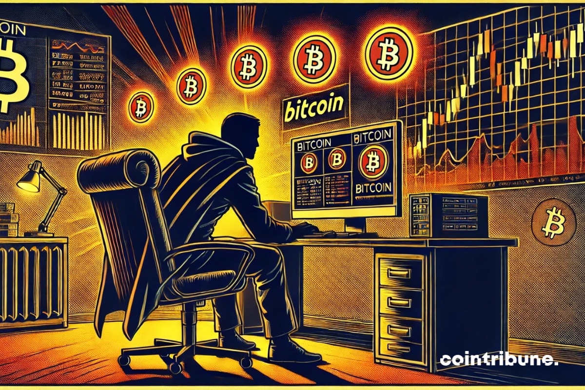 Un inversor en bitcoin ante una pantalla de negociación que controla BTC