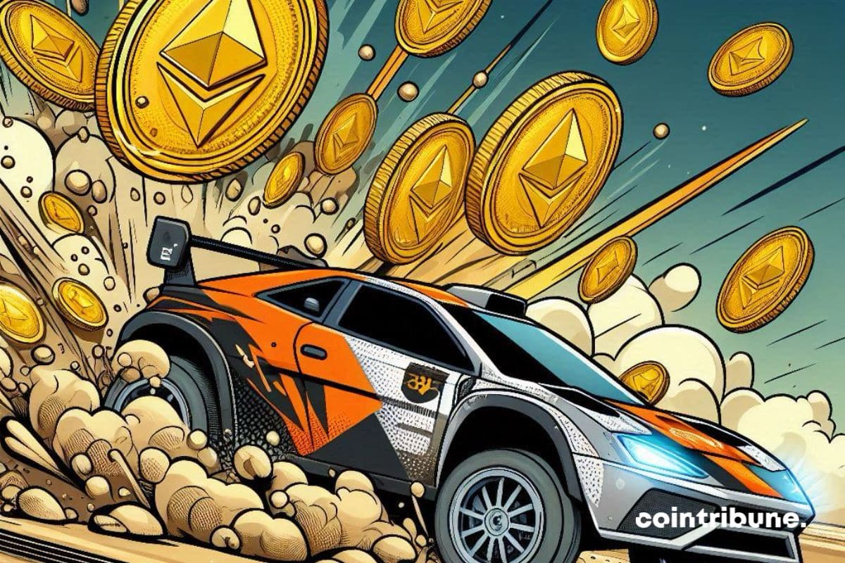 Une voiture de rallye à vive allure laissant échapper des pièces d’ethereum au passage