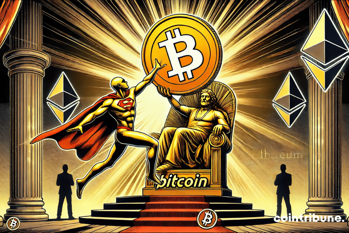 Illustration de personnage Ethereum en train de détrôner le roi Bitcoin