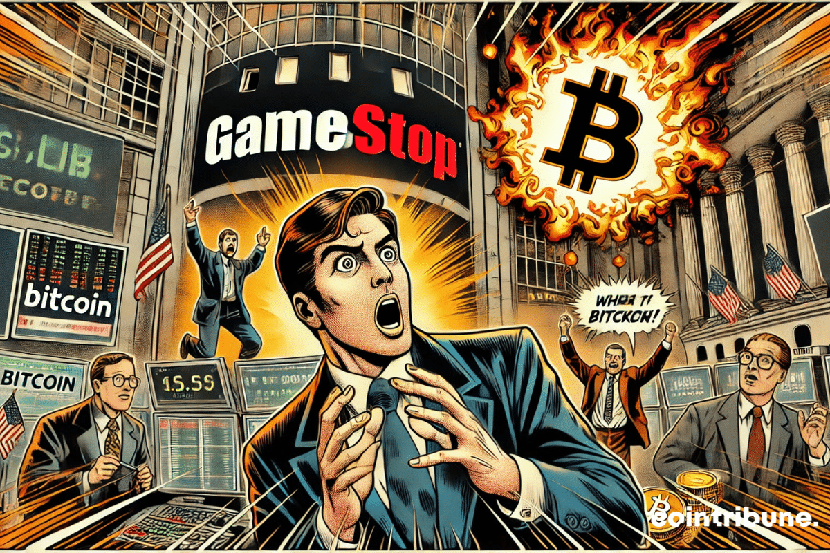 Comerciante en estado de shock mirando una pantalla gigante con los logos de GameStop y Bitcoin