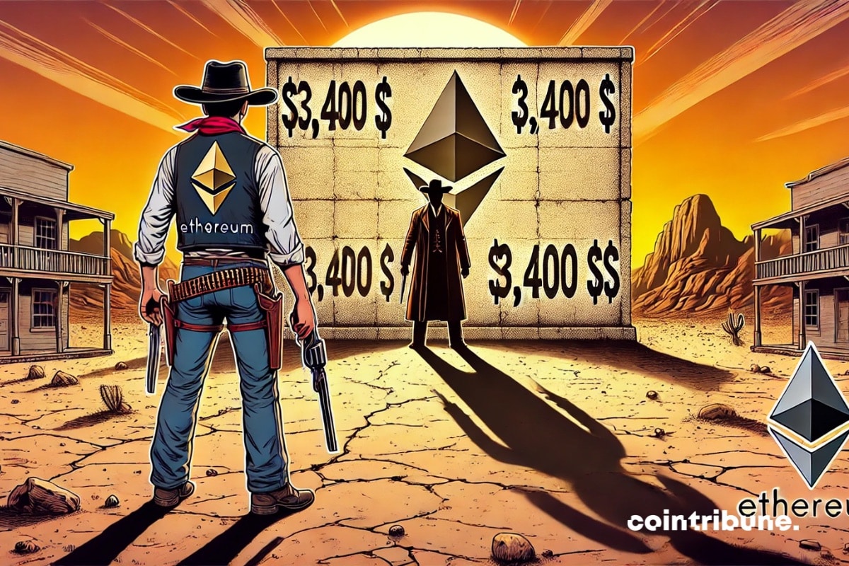 Ethereum en forma de vaquero contra un muro de cripto