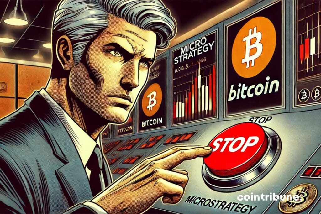 Michael Saylor pulsando un gran botón rojo de STOP en bitcoin