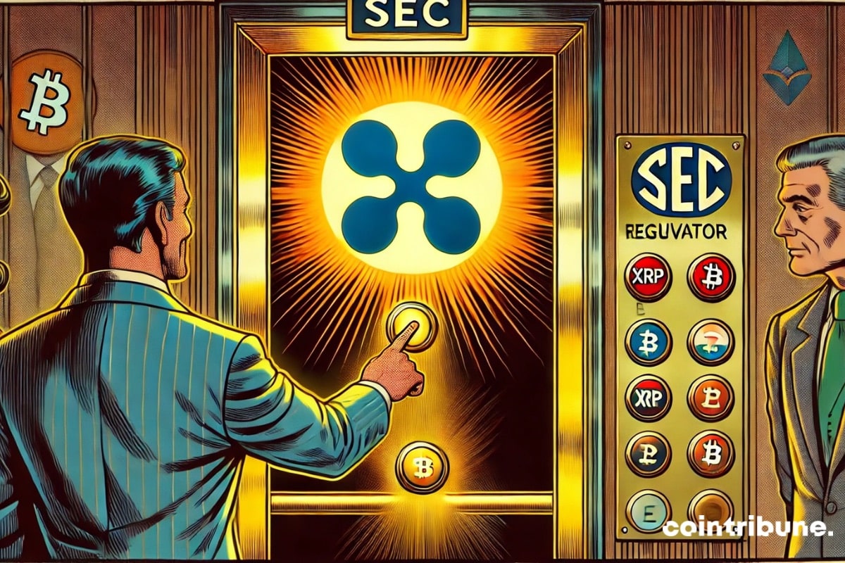 An SEC representative entering an XRP ETF elevator