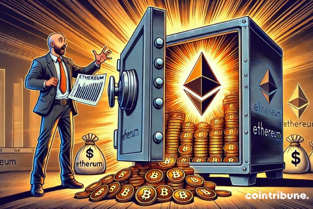 Un investisseur ethereum devant un coffre plein d’ETH et un graphique crypto en main