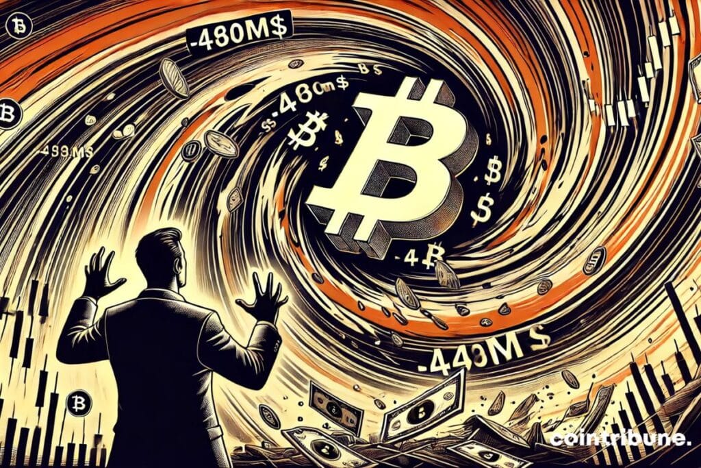 Un investisseur devant une tornade représentant la sortie massive des ETF Bitcoin et Ethereum