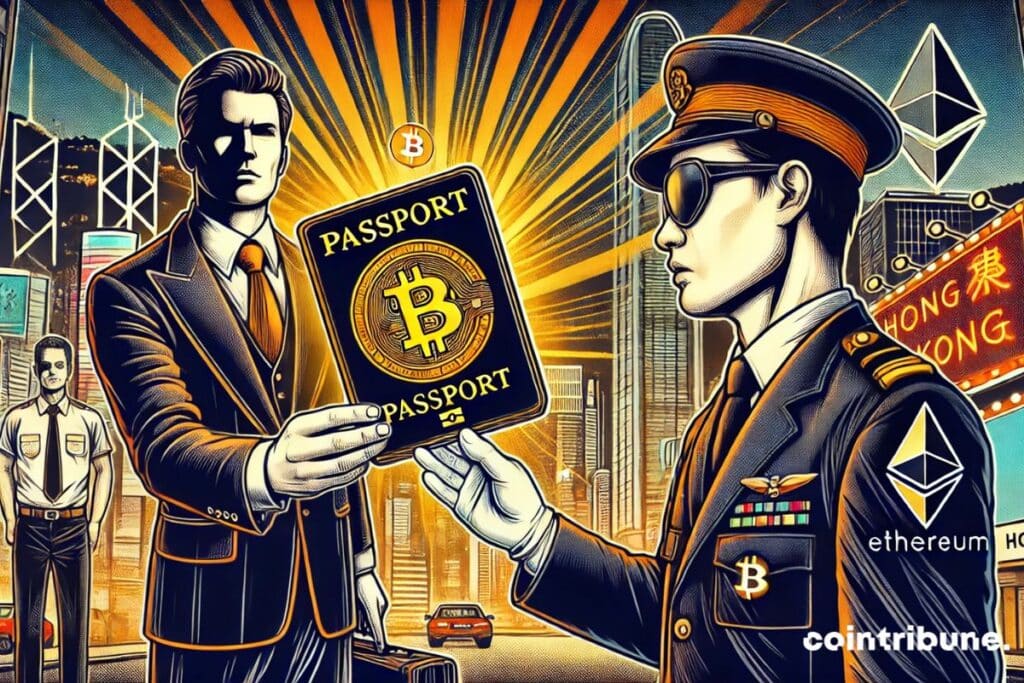 Un investisseur crypto qui présente un passport bitcoin à Hong Kong