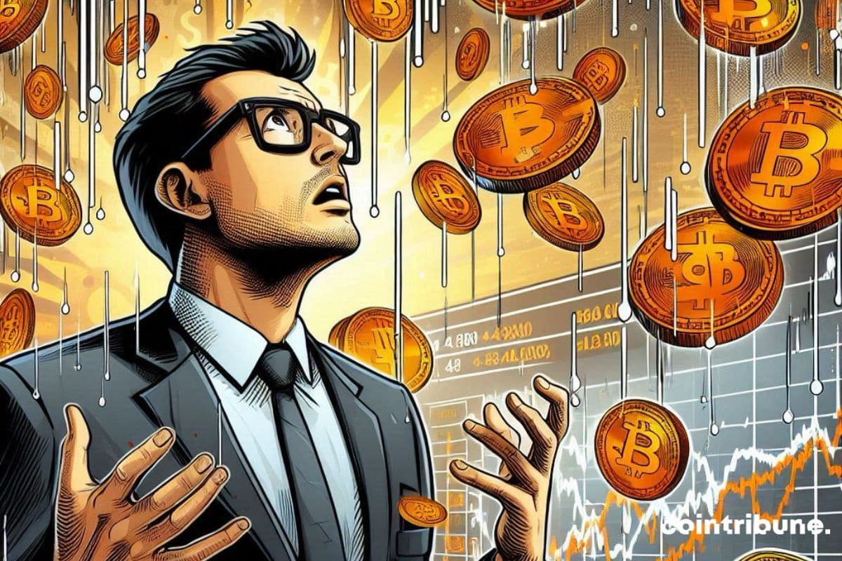 Un cripto inversor bajo una lluvia de bitcoin, con cara de preocupación