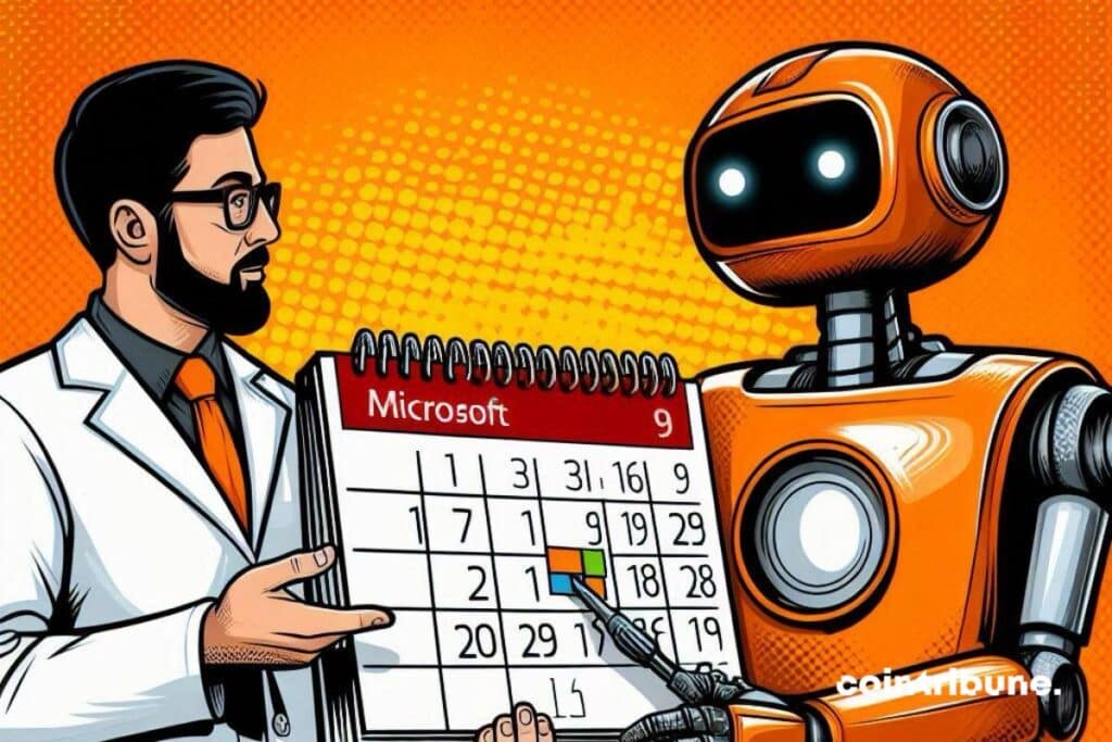 Un chercheur de Microsoft regardant un calendrier avec un robot représentant GPT-4.5