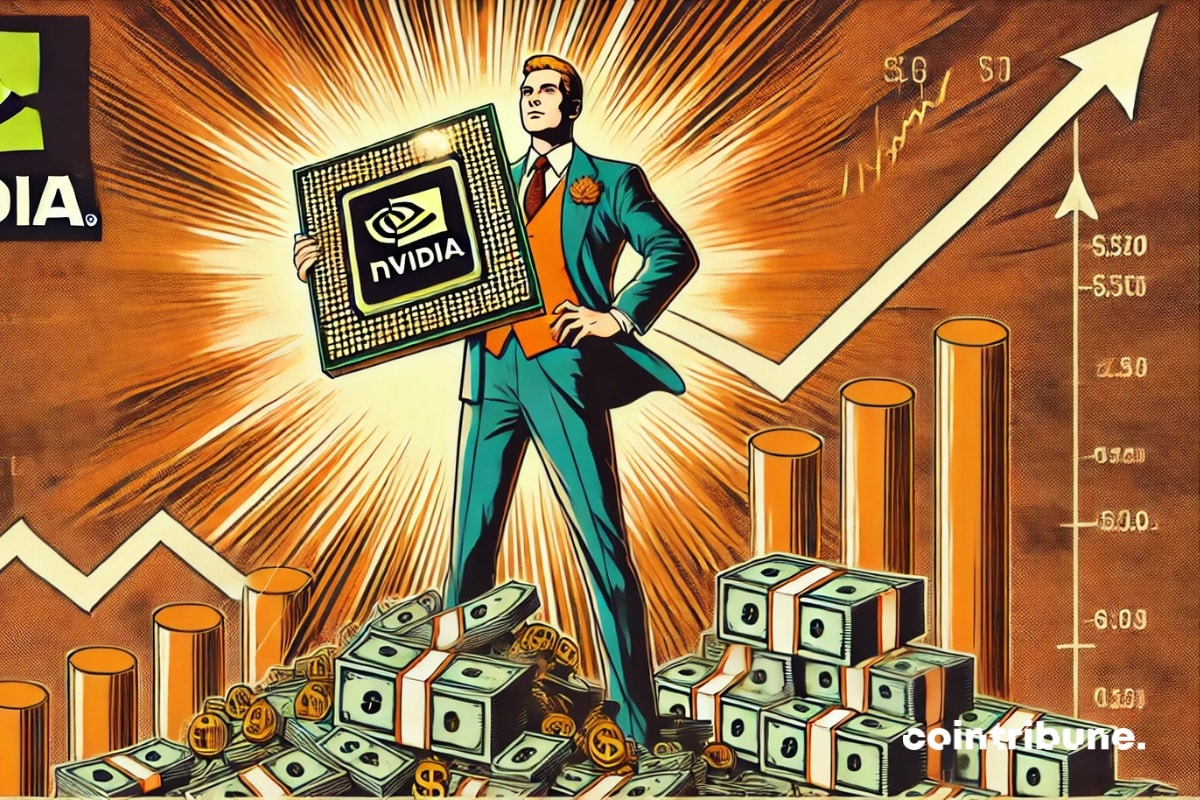 A Nvidia executive holds up a gold chip representing the explosion in profits thanks to AI chips