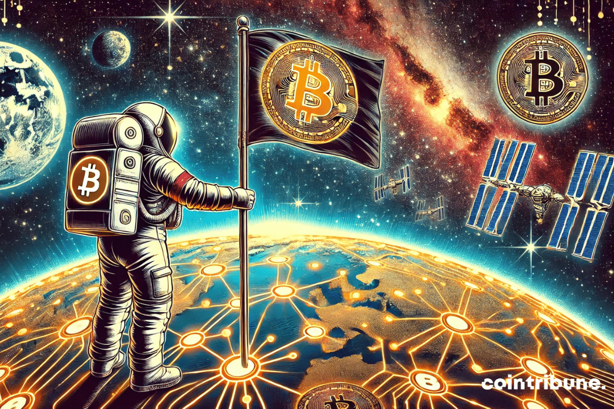 Cosmonaute plantant un drapeau Bitcoin sur le sommet de la Terre