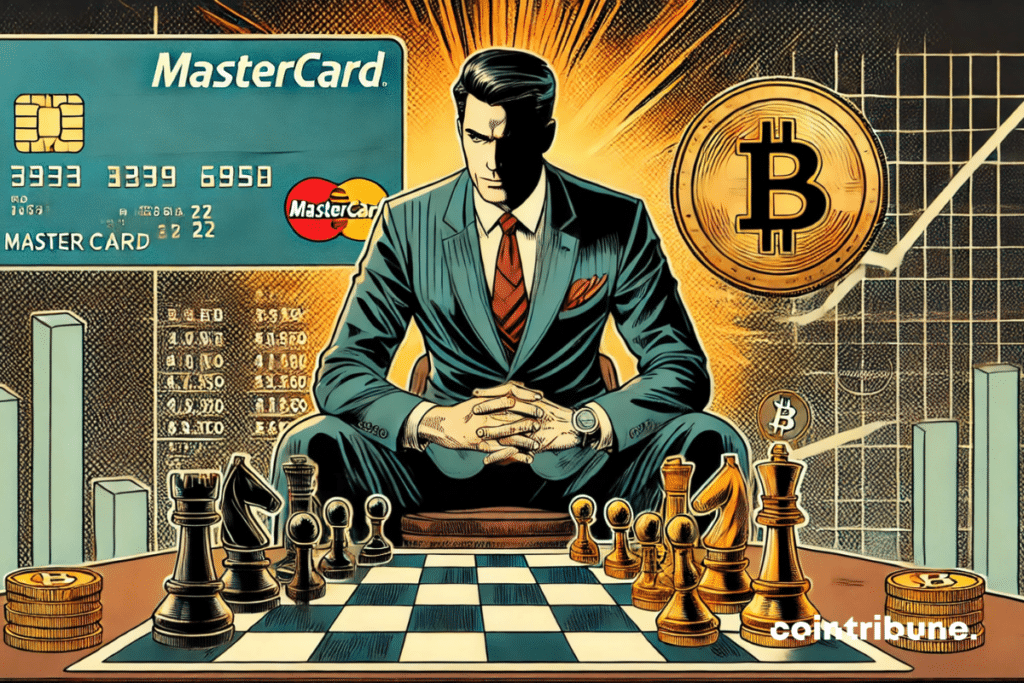 Leader before checkerboard mixing of classic pieces and crypto chips.